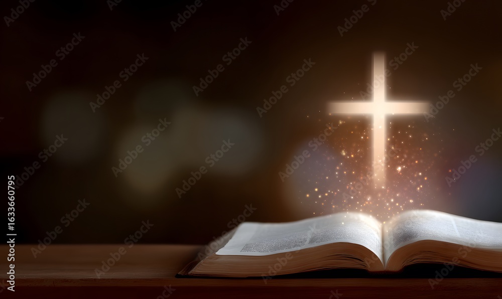 Naklejka premium A glowing cross with an open Bible underneath