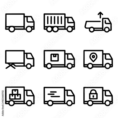 Nine Delivery Truck Icons Diverse Cargo and Services Illustrated.