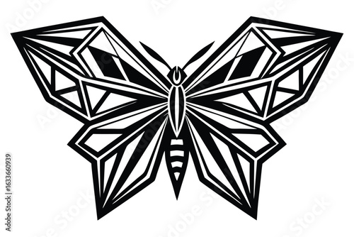 Bold black and white butterfly features a unique geometric and abstract wing pattern