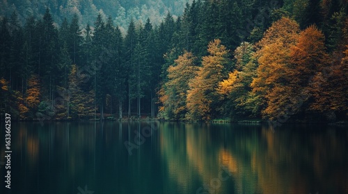 Autumnal lake reflecting a dark forest