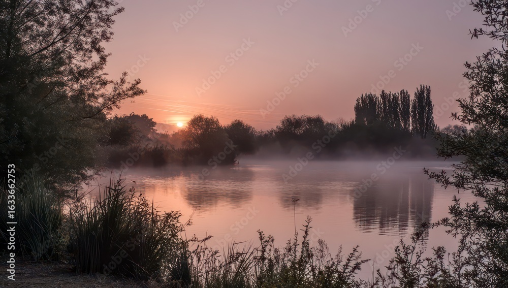 Fototapeta premium Misty sunrise over tranquil lake