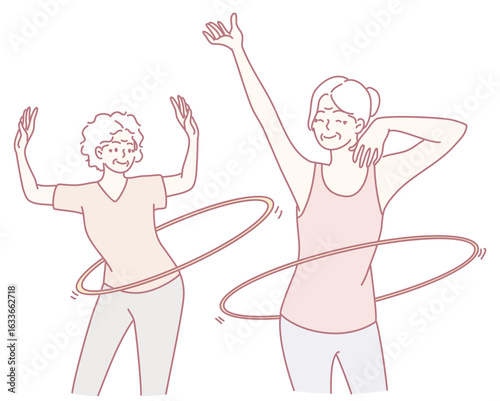 Two enthusiastic individuals are enjoying a joyful hula hooping session, promoting fun fitness and movement