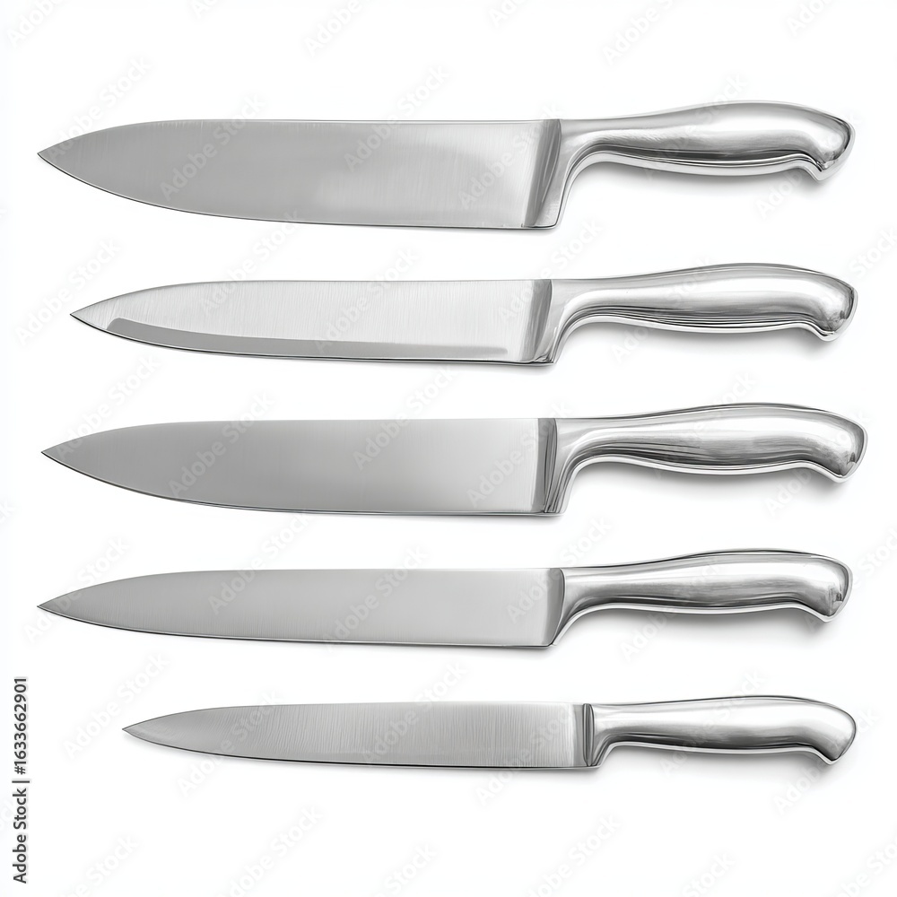 Obraz premium A close-up studio shot of various high-quality knives. The blades are sleek and polished, each meticulously crafted for precise cutting