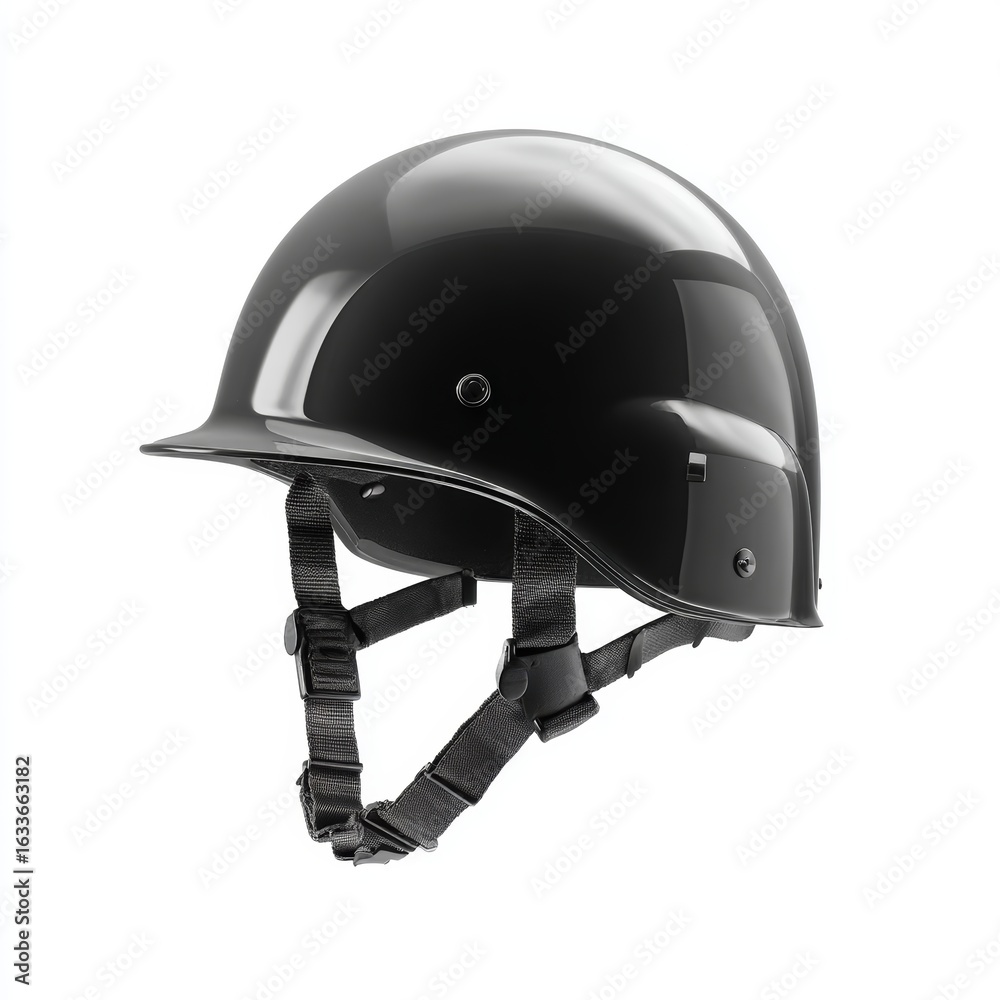 Fototapeta premium A close-up of a black helmet, showcasing its sleek design and protective features. The helmet's polished surface reflects light, highlighting its modern and functional aesthetic.