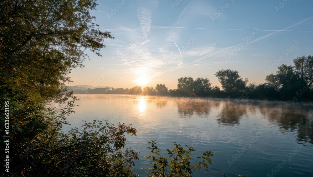 Obraz premium Sunrise over tranquil lake, trees frame