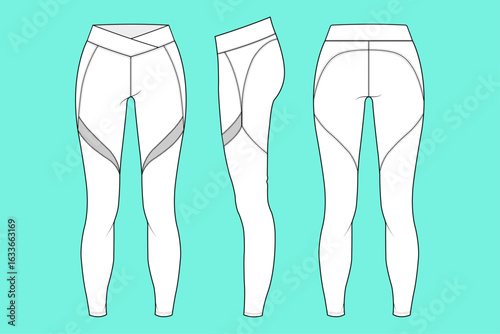 Women's Wrap Over Waistband Stretch Sportswear Leggings Pants Fashion Design Flat Sketch Vector Illustrator Template Front Side and Back Views.	