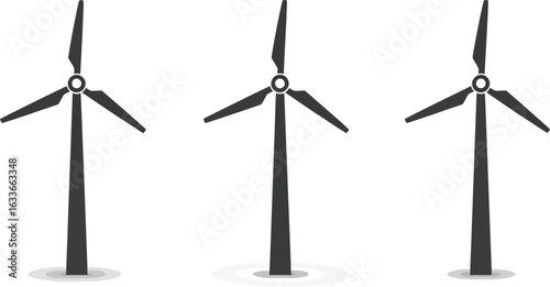 Three wind turbines generating renewable energy, isolated on white background these windmills are a sustainable source of electricity and clean power
