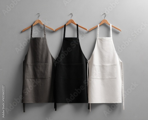 Three aprons, gray, black, and white, hang on wooden hangers against a neutral backdrop