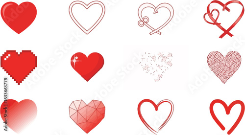 Assortment of red heart icons isolated on white background, perfect for valentines day designs, expressing love and affection in various styles