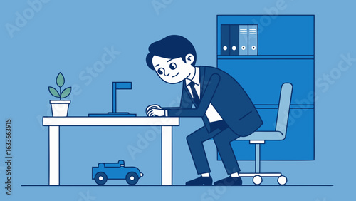 Adult man in office suit secretly playing with toy car under desk, humorously showing playful kidult behavior at work