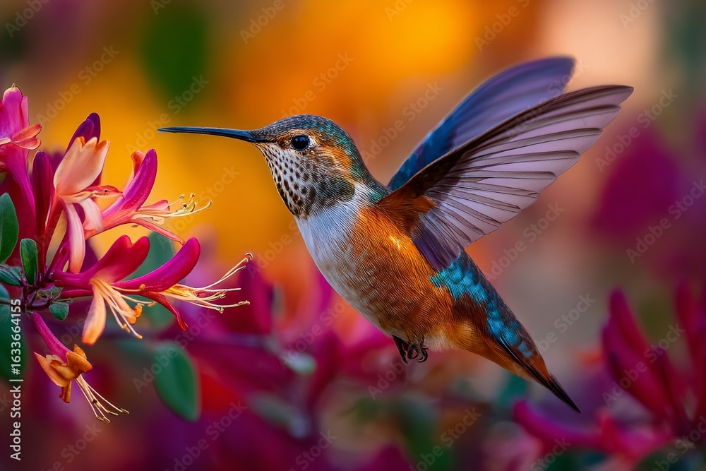 Fototapeta premium A Stunning Hummingbird Hovers Gracefully Above a Honeysuckle Bloom A CloseUp of Natures Artistry