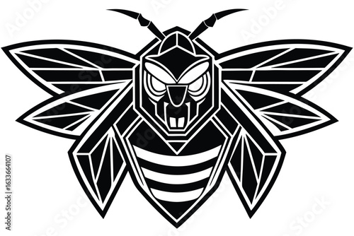 Geometric black and white bee with striped abdomen and detailed wings presents a bold design