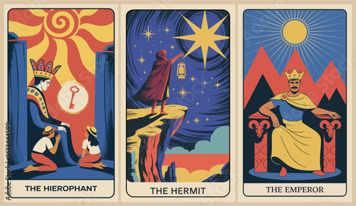 Bold vector tarot card set featuring The Hierophant, The Hermit, and The Emperor in vintage mid-century modern style with mystical symbolism and vibrant retro colors.