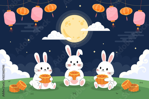 Mid autumn festival celebration banner or background decoration template. Cute rabbits with delicious mooncakes and a full moon. Moon Festival.	