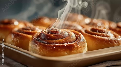 Steaming cinnamon rolls fresh from the oven on tray with golden brown glaze