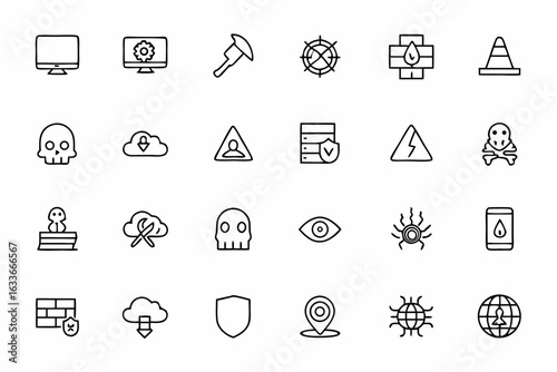 A dark-toned, futuristic line art set portraying cyber attacks and data intrusions with edgy, abstract line illustrations. Great for infographics, dark mode UI, and tech editorial art.