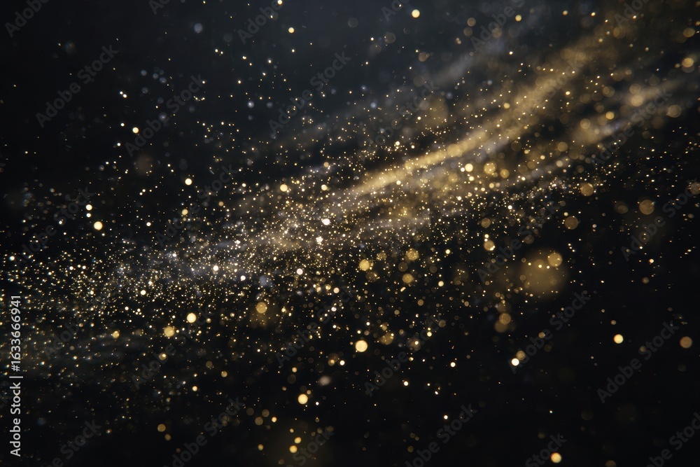 Naklejka premium Gold dust particles swirl and shimmer in the air, creating a captivating visual effect against a dark background during a mesmerizing display of light