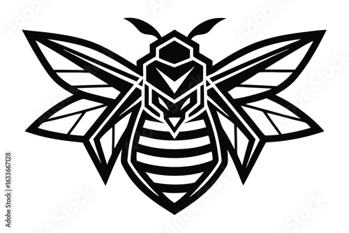 Geometric black bee design features angular wings and abdomen detailing on white