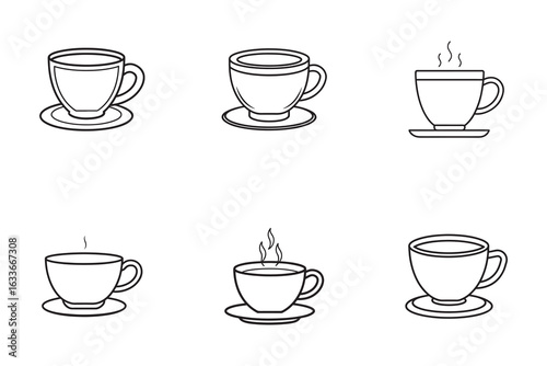 Six Tea or Coffee Cup Icons in Line Art Style for Cafe or Restaurant Branding and Menu Design