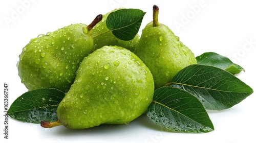 Fresh green pears with water drops closeup on white background