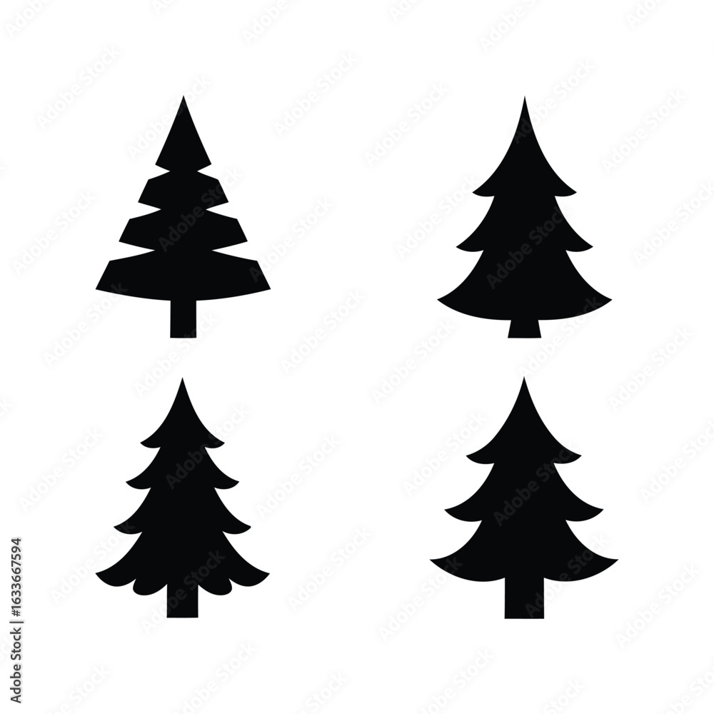 Obraz premium Four black christmas tree silhouettes festive evergreen vector icons
