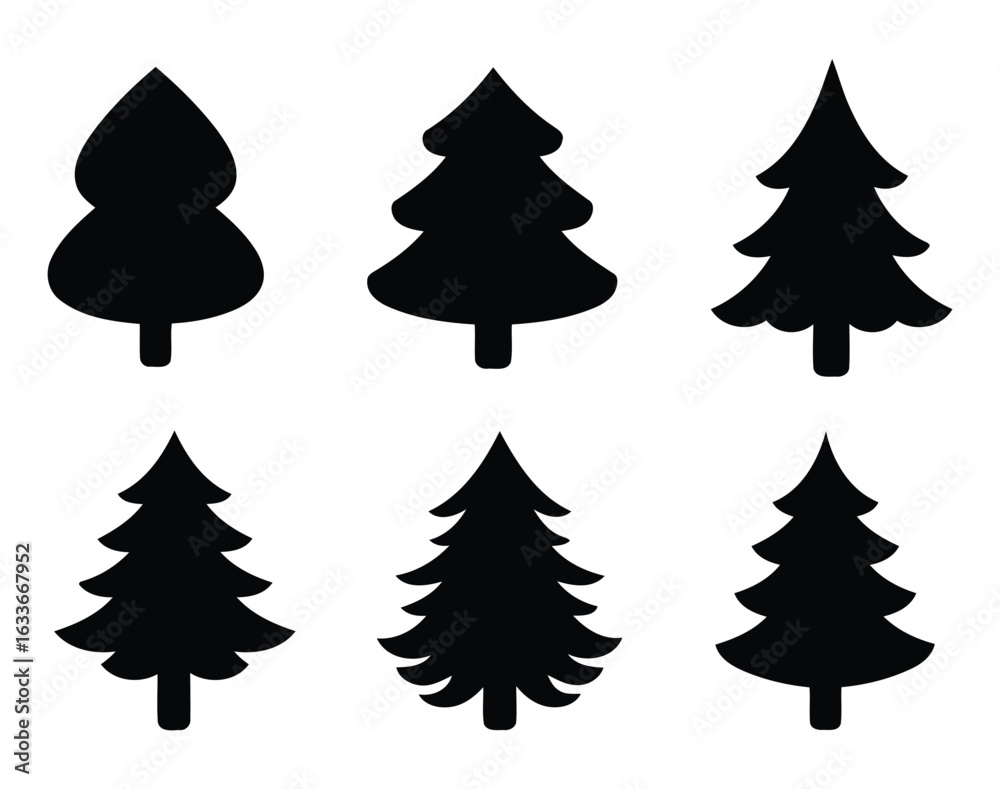 Obraz premium Set of six black pine tree silhouettes winter forest icons evergreen nature graphics