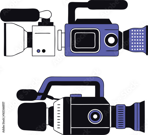Two stylized vector illustrations of professional video cameras with vibrant purple and black hues.