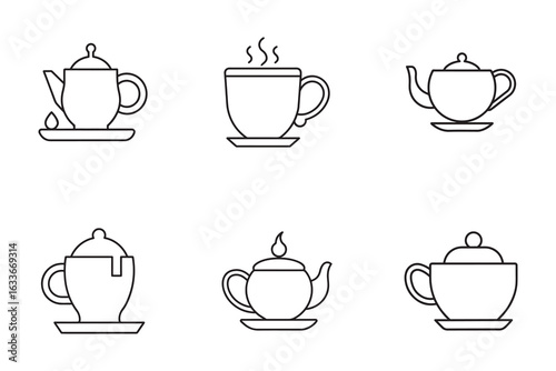 Variety of Teapots and Mugs with Steaming Hot Beverages Line Art Illustration on White Background