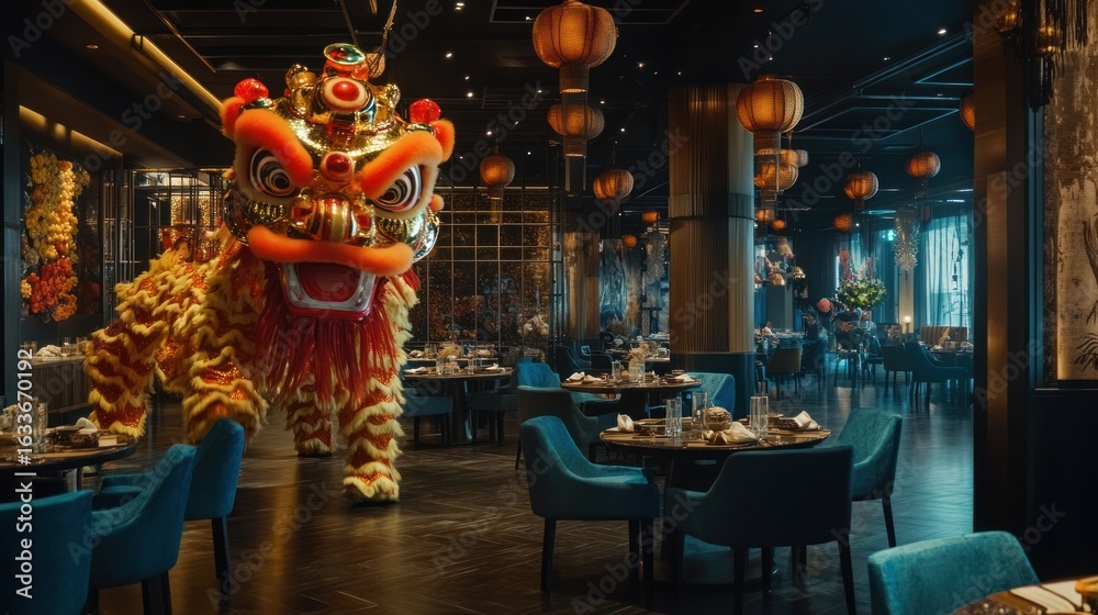 Fototapeta premium Lion dance in upscale Chinese restaurant