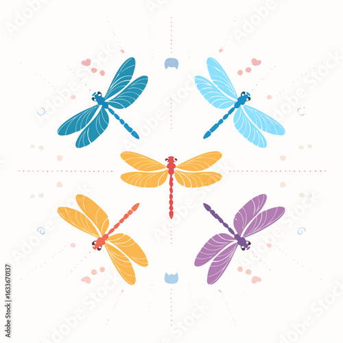 Minimal dragonfly faces in flat style