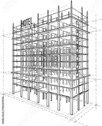 A technical, chalk-style illustration of a multi-story hotel's structural frame under construction, shown in a 3D perspective on a dark background