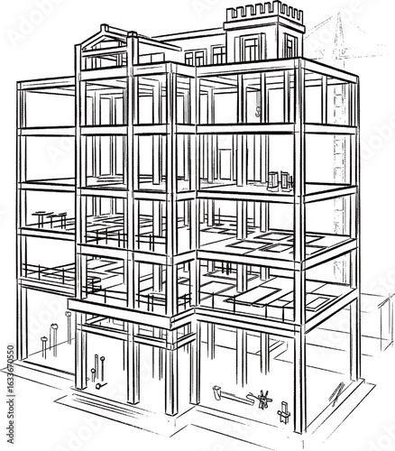 A technical, chalk-style illustration of a multi-story building's structural frame under construction, with a tower crane visible in the background