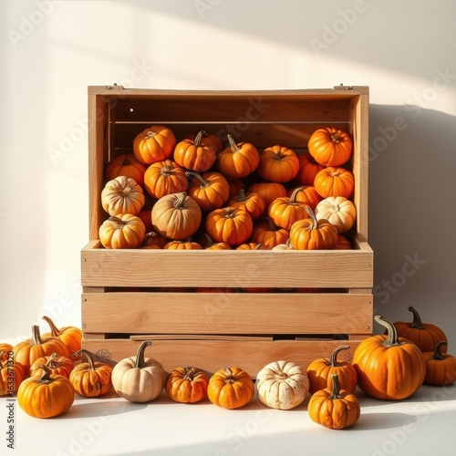 Large acacia transport box with pumpkins Generative AI