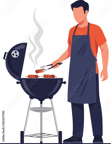 Man grilling sausages on a barbecue with tongs and smoke.