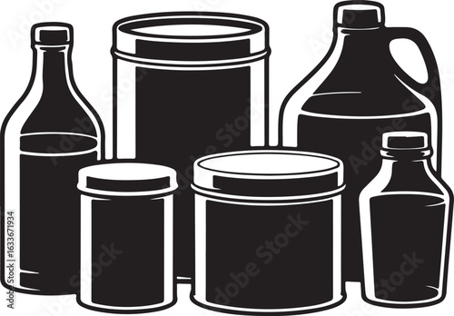 Assorted containers with caps and handles bottles jars