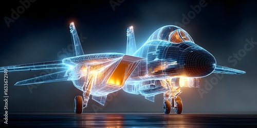 A digital wireframe hologram of a fighter jet on a dark tarmac, glowing blue with detailed lines, showcasing modern aerospace design