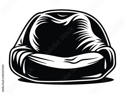 Black and White Bean Bag Chair Illustration with Cushioned Texture