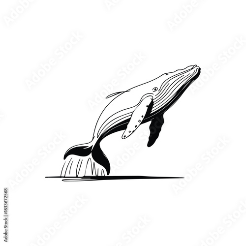 Majestic whale breaching water black and white line art jumping ocean