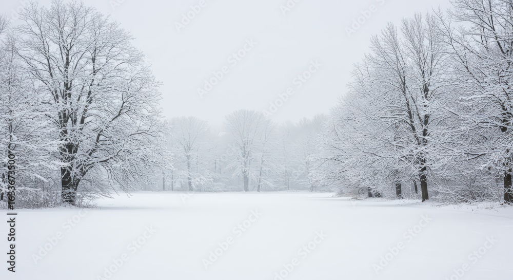 Obraz premium A silent, snow-covered landscape in winter, with bare trees and a peaceful, untouched blanket of white.