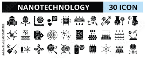 30 Nanotechnology Glyph Icons Vector - Nanorobotic, Chemical, Nano sensor, Atom, Nanofabrication, Nano Brain