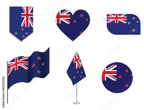 New Zealand flags vector set. Geometric shapes. New Zealand's official symbols collection. Web, national, travel design elements. rectangle, round, love heart and waved flagstaff isolated icons.