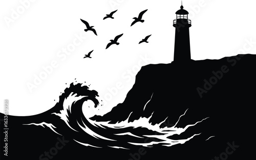 Lighthouse on ocean cliff silhouette