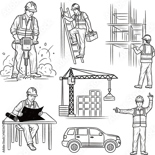A set of seven chalk-style illustrations on a blackboard, showing various construction site activities including a worker with a jackhammer, an engineer with blueprints, and a tower crane.
