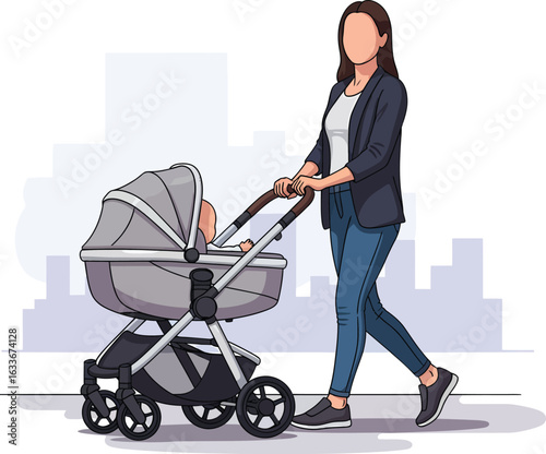 Woman Pushing a Baby Stroller with a Sleeping Infant.