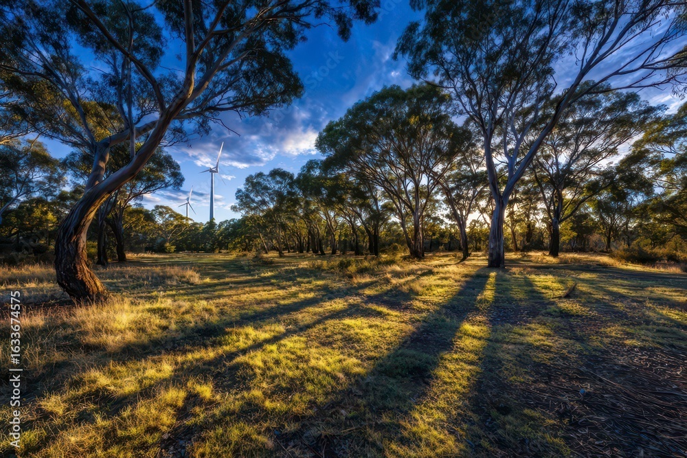 Fototapeta premium Sunlight filters through trees, casting long shadows on a grassy field. A wind turbine stands in the background