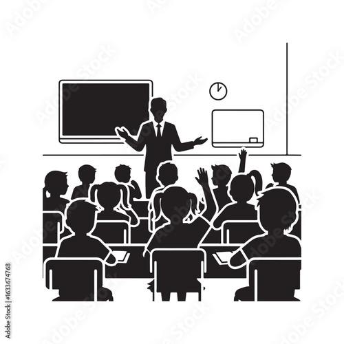 Teacher instructing students raising hands in classroom 1