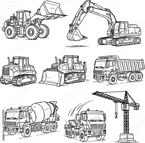 A set of eight heavy construction machinery illustrations, including an excavator, bulldozers, and a tower crane, depicted in a white chalk-sketch style on a dark background.