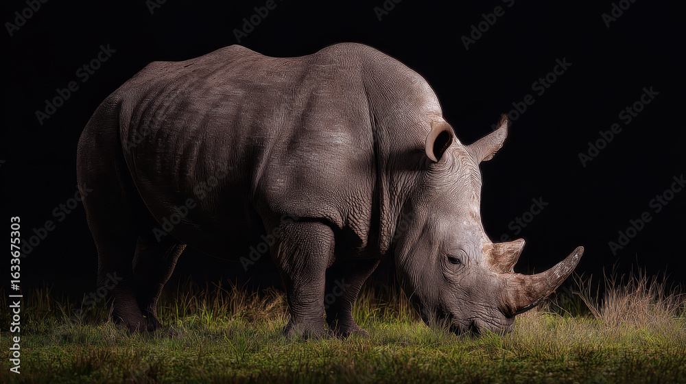 Fototapeta premium Rhinoceros Grazing in a Field: Studio Lighting High Resolution Image