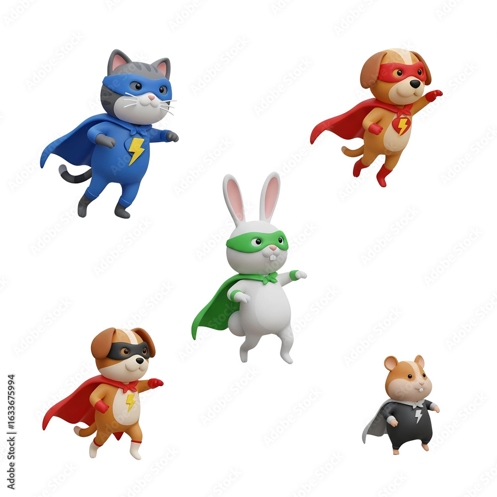 Naklejka premium Cute superhero animal team 3D cartoon characters set PNG