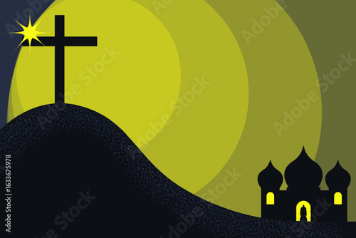 Resurrection of Jesus Christ. Vector illustration of cross on Mount Golgotha, Holy Light and the silhouette of Church. The Easter Concept. EPS 10